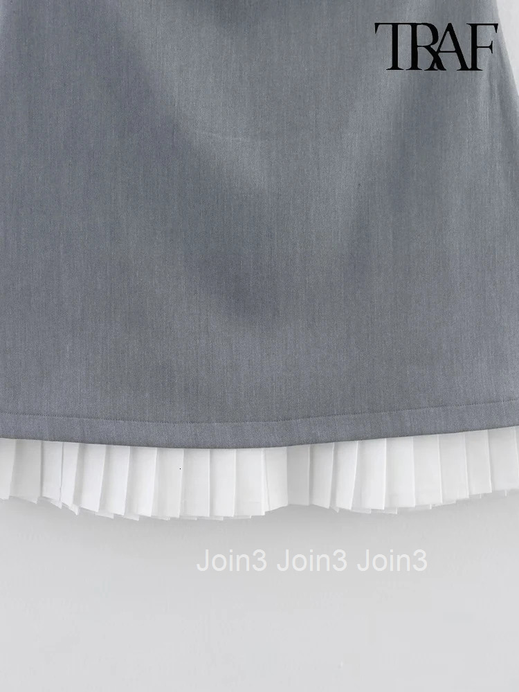 TRAF Womens Fashion Elegant and chic white pleated hem spliced gray dress Sexy Slim round neck sleeveless A-line mini dress