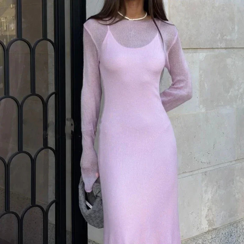 Spring Autumn O-Neck Elastic Knit Long Dresses Women Elegant Chic Soft Lady Hollowing Sweater Dresses Femme 250806