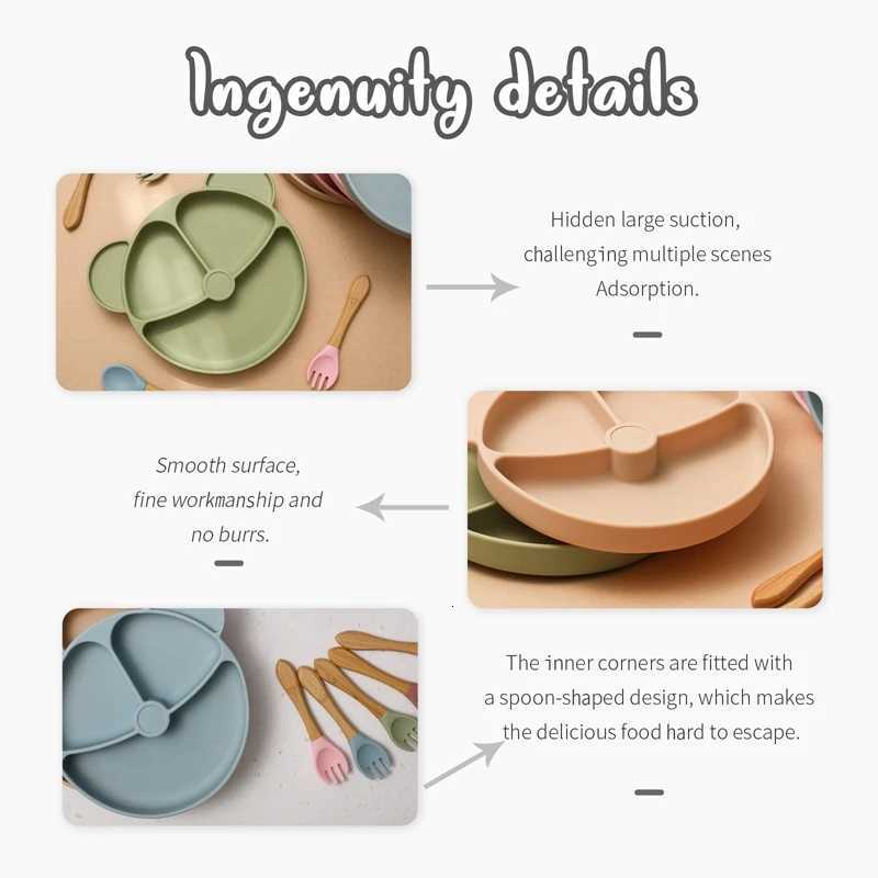 1 Set Baby Silicone Plate Cartoon Bear Shape BPA Free Baby Tableware Spoon Anti-Hot Training Plate Kids Feeding Bowl X250806
