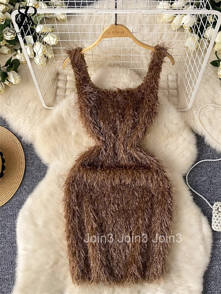 American Sexy Wool Slim Dress Women Spaghetti Strap Square Neck Ins Bodycon Basic High Quality Club Fashion Dress