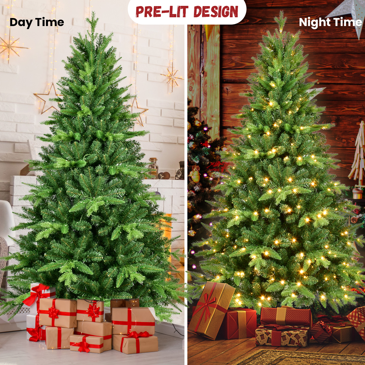 Easy Assembly PRE-Lit Christmas Tree with Mixed PE/PVC, Hinged Branches, Available Sizes: 5ft, 6ft, 7ft, 8ft, 9ft