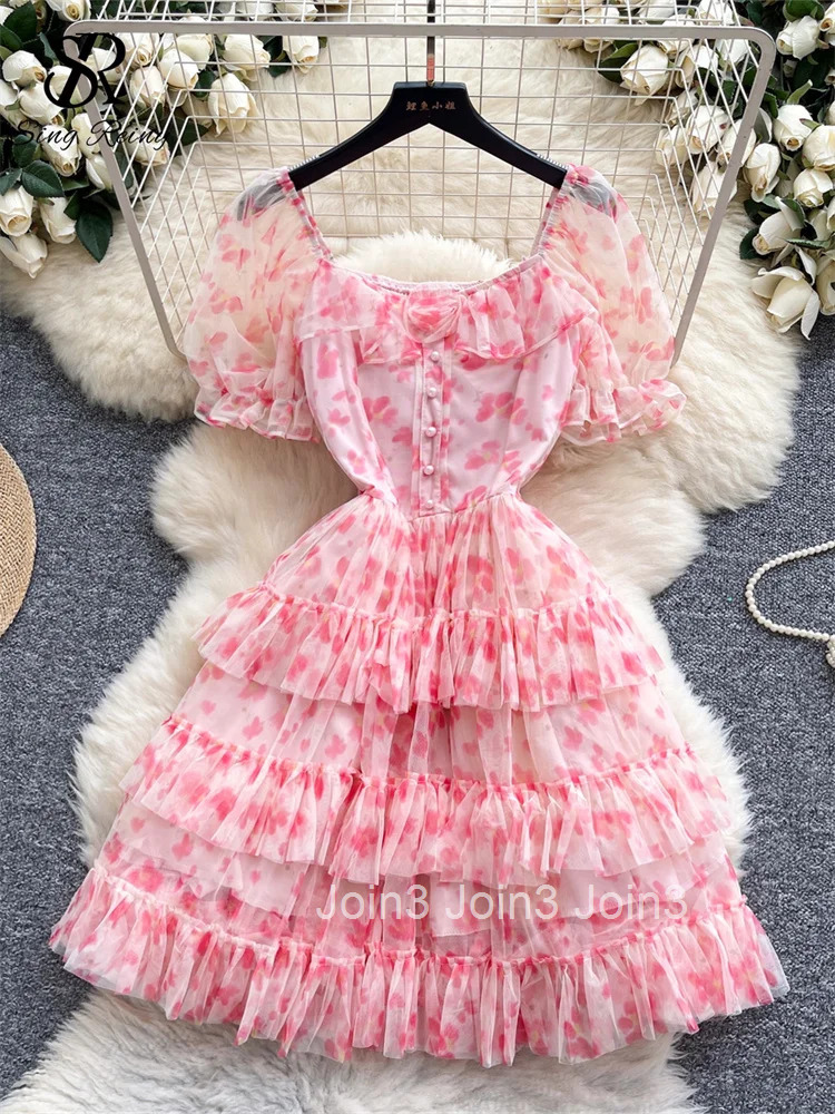Senior Floral Short Dress Female Puff Sleeves 3D Flower Elastic Waist Slim Fit Chic Edible Tree Fungus Mesh Sundress