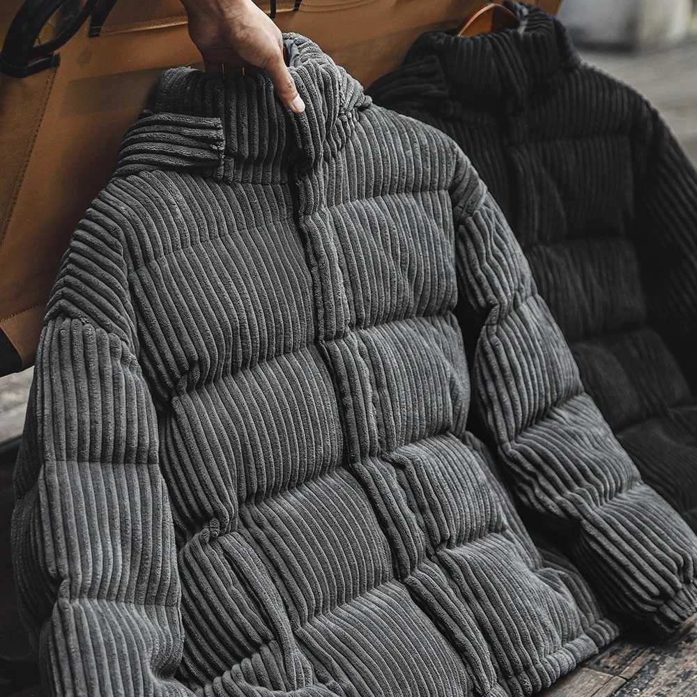 Mens Corduroy Down Jacket Winter Thickened Warm Striped Hooded Coat Vintage Padded Jackets Removable Hood Black Clothing W250806