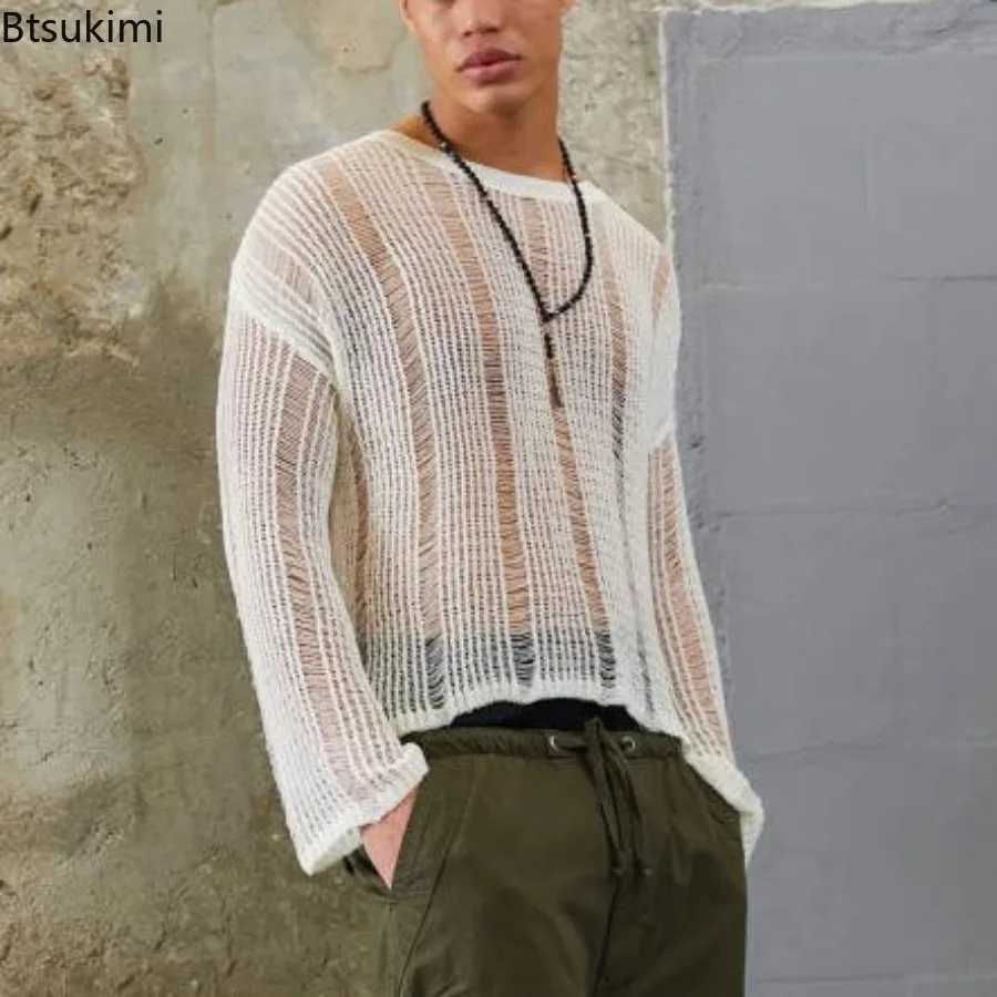 Mens Spring Autumn Sweater Woven Solid Color Mesh Sweater Knit Loose T-Shirt Long Sleeve Sexy T-shirt Fashionable Versatile Top W250806 - view 3