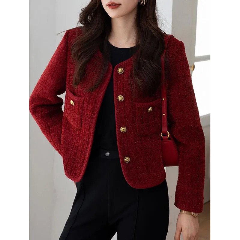 Lucyever Wine Red Tweed Coats Female Autumn Winter Fashion Temperament Short Jacket Korean All-Match O-Neck Outerwear 250804