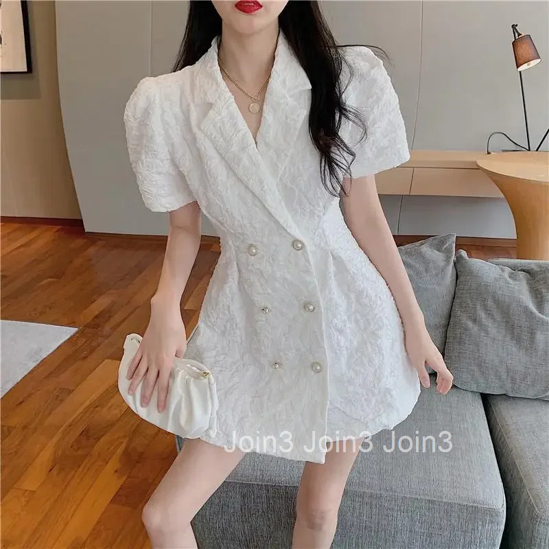 Summer Hot Sale Of The Season White French Style Suit Dress Slimming Short Sleeve Bubble Sleeve Waist Cinched Womens Dress Eleg
