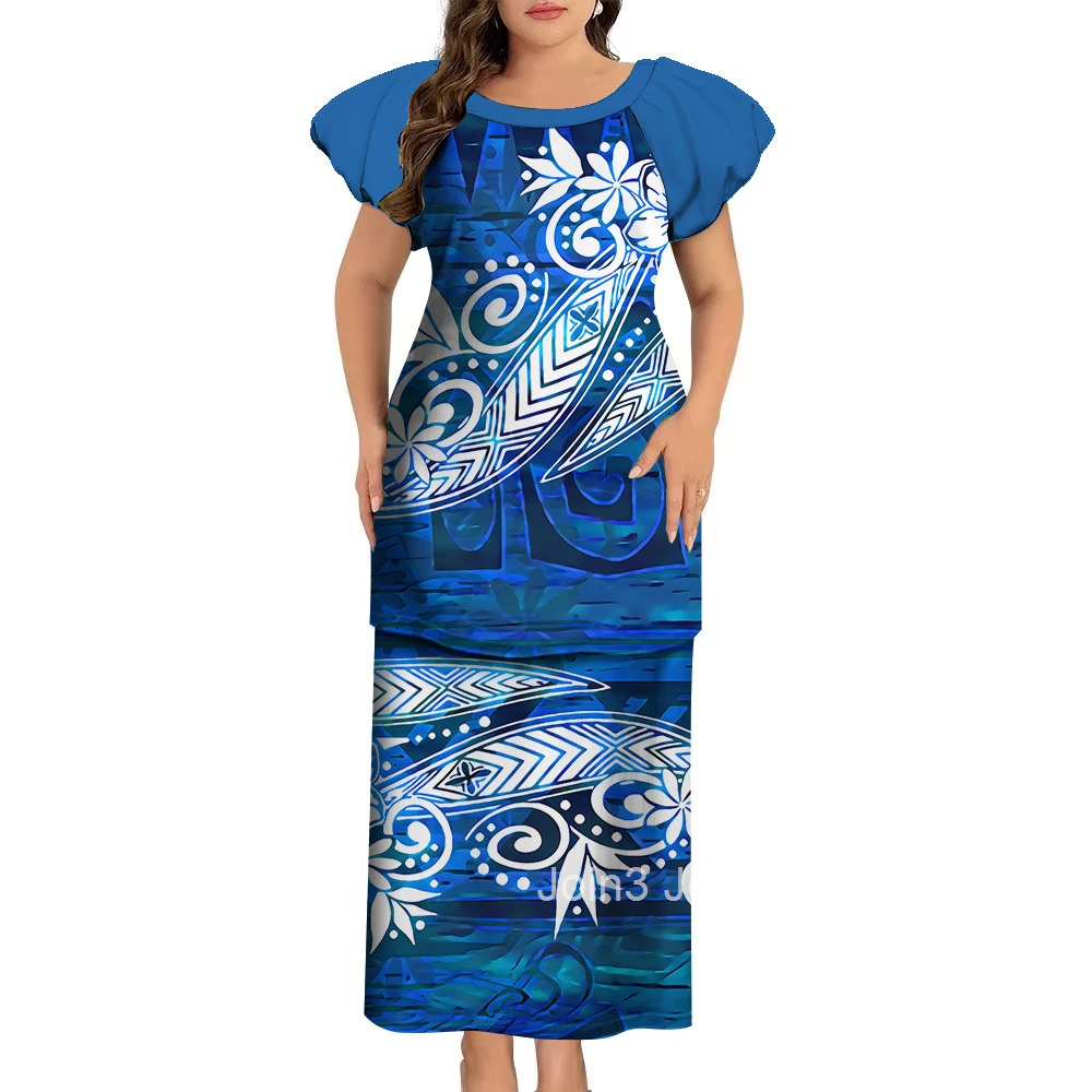 Samoa Club Ladies Puletasi Polynesian Ladies Custom Vintage Print Long Dress Soft Fabric Summer New Elegant WomenS Wear