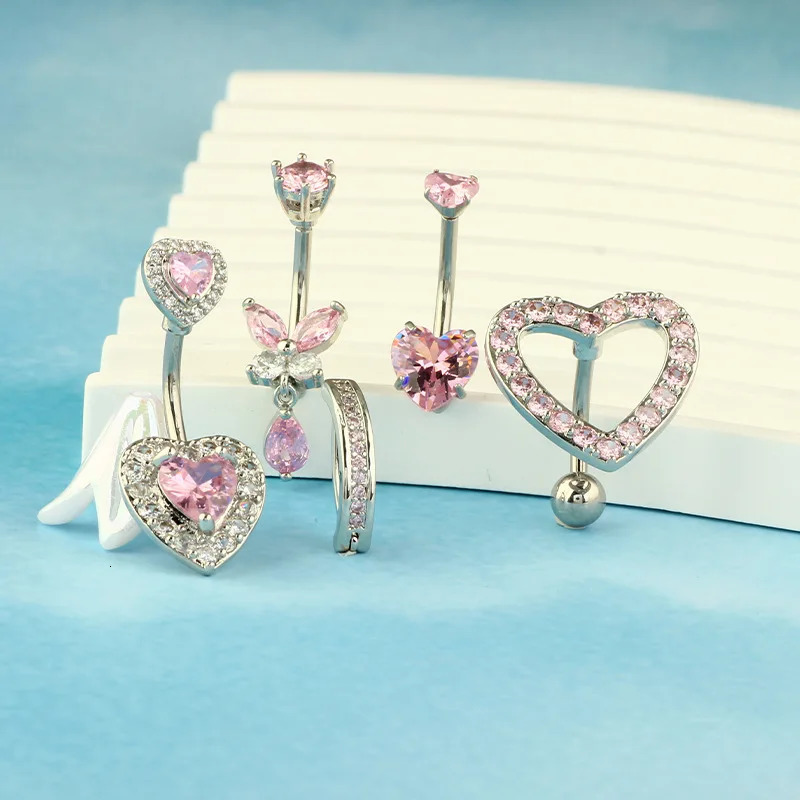 1PCS Pink Crown Belly Button Rings Jewelry Stainless Steel Heart Navel Piercing Barbell Crystal Cute Belly Rings For Women Girls 250805