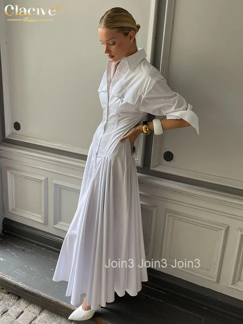 Clacive Fashion Loose White Cotton Dress Lady Casual Lapel Long Sleeve Ankle Length Dress Elegant Classic Dresses For Women