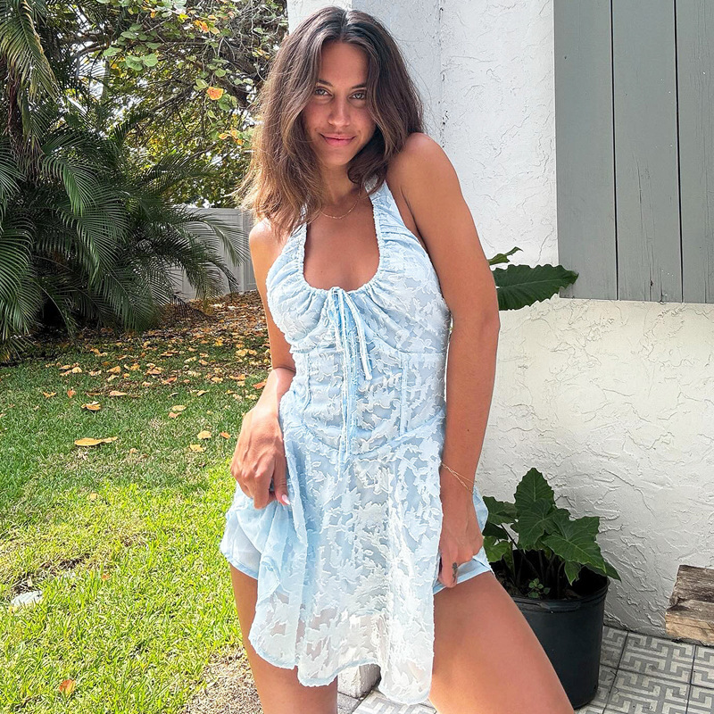 2025 summer European and American style summer new women's sexy backless jacquard pure desire high waist slim trend fit dress wholesale new desig