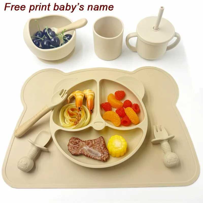 9Pcs Silicone Feeding Set Dinner Plate For Kids Meal Mat Suction Cup Bowl Spoon Fork Personalized Names For Childrens Tableware X250806