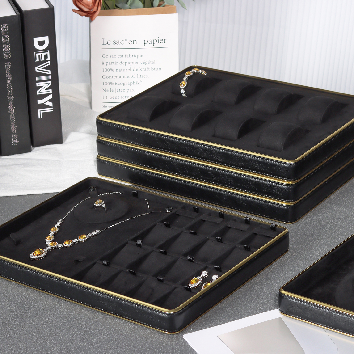 Stackable HLB Metallic Necklaces Display Trays with Velvet Interior - Elegant Showcase for Jewelry