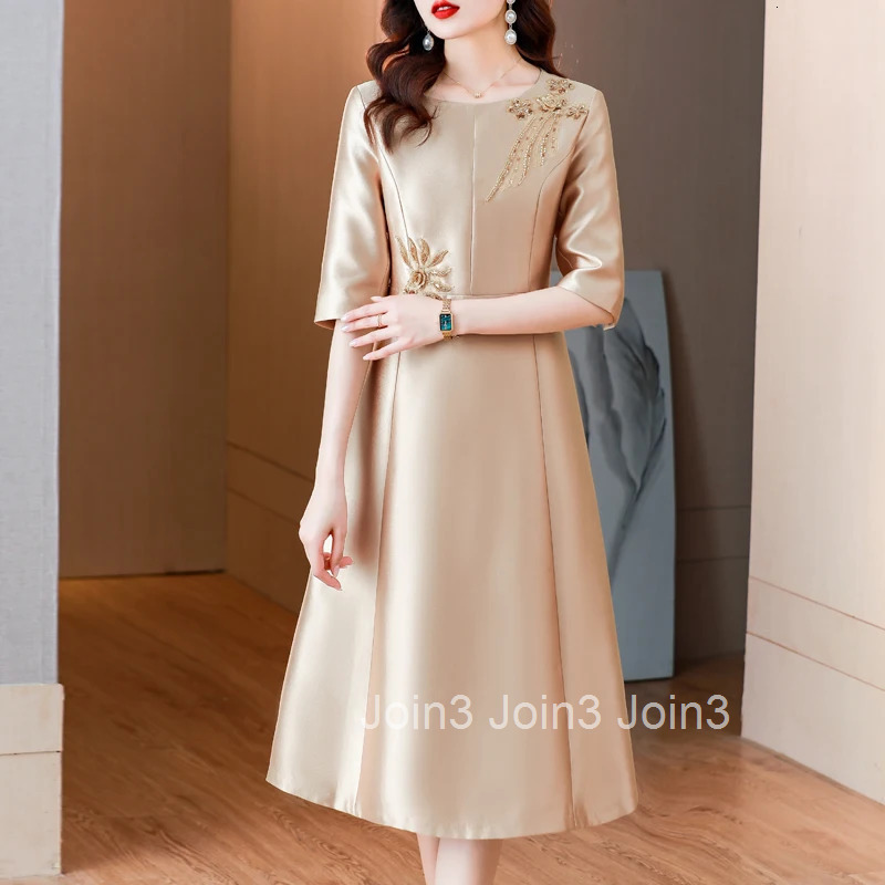 Luxury Satin Womens Dress Summer New Vintage Flower Embroidered Beads Round Neck A-Line Midi Elegant Wedding Party Dresses J103