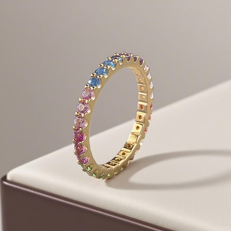 Hui Zhi Wing Jewelry S Silver Colorful Gem Lavender Gradient Color Row Bohemian Style Full mond Strip Ring