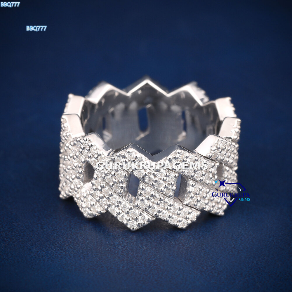 Pass Diamond Tester Hip Hop Bling D Color Moissanite Iced Out Mens 2 Rows Cuban Link Ring With 14k Real Gold