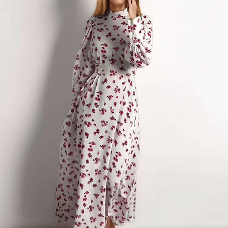 Women's Fashion Elegant Temperament Stand Collar Floral Lantern Sleeve Dress B5