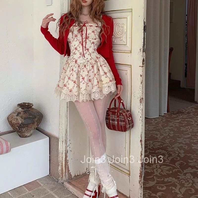 Y2K Sweet Floral Dress Set Woman Casual Red Short Cardigan Elegant Lace Mini Dress Female Korean Prairie Chic Clothing Suit
