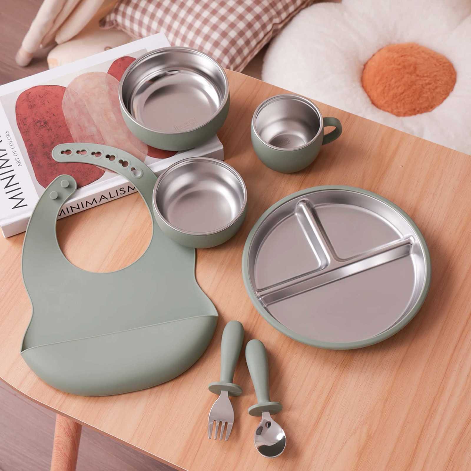 7PCS Food Grade Silicone Feeding Set Sucker Dishes Bowl Leakproof Bib Stainless Steel Utensils Toddler Cup Baby Newborn Items X250806