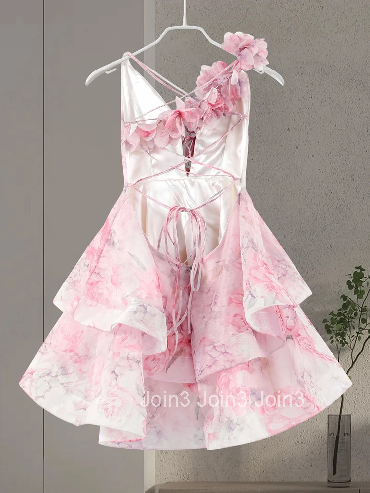 Elegant Floral Print Puff Sleeve Ball Gown Mini Dress Women 3D Flower V-neck Summer Beach Dresses Chic Holiday Evening Vestidos