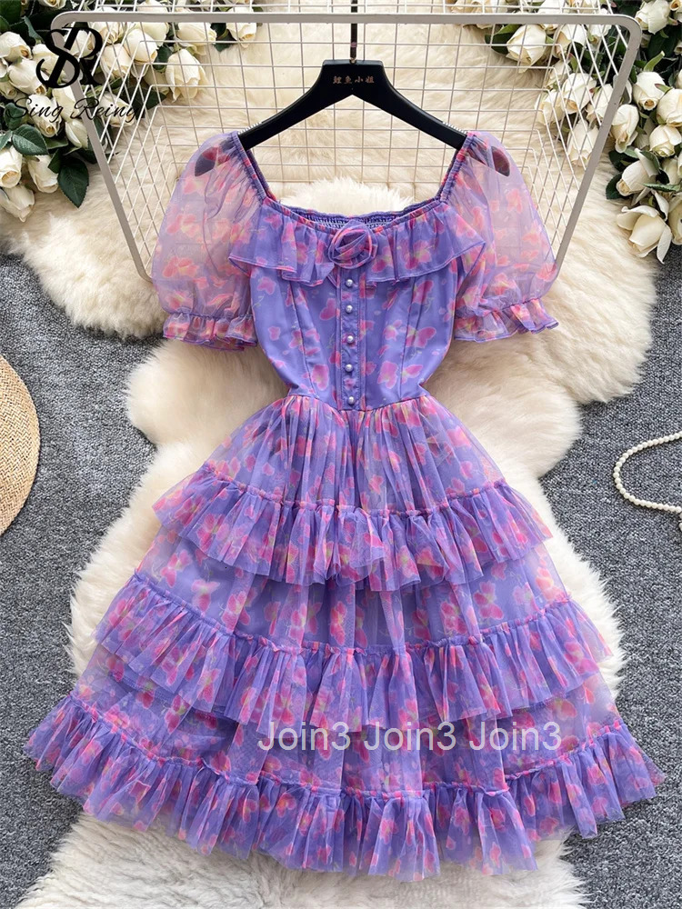 Senior Floral Short Dress Female Puff Sleeves 3D Flower Elastic Waist Slim Fit Chic Edible Tree Fungus Mesh Sundress