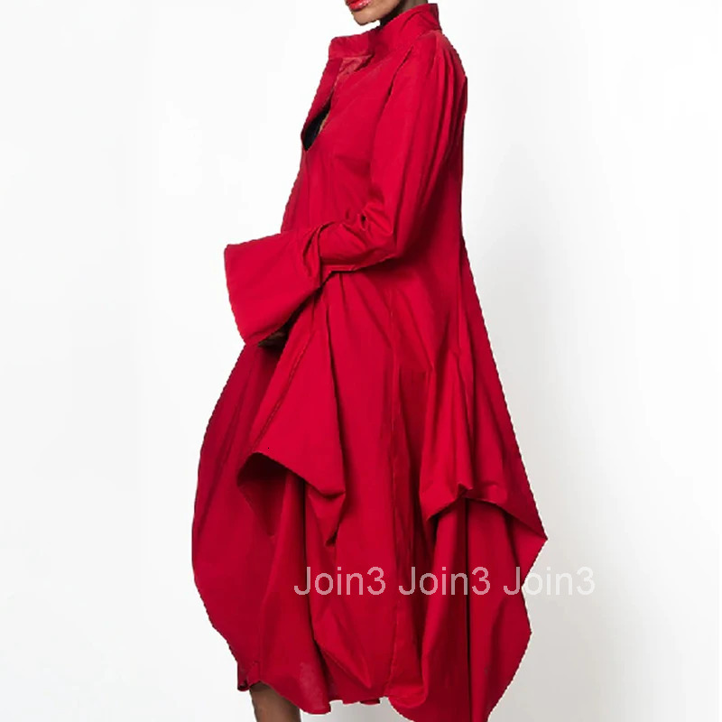 UOOZEE New Spring Women Elegant Red Party Evening Midi Dresses Long Sleeves Loose Solid Color Stand Collar Prom Gown