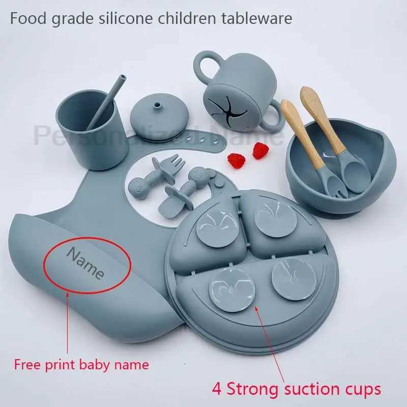 9Pcs Baby Silicone Feeding Sets Suction Cup Bowl Dishes Kids Spoon Fork Feeding Snack Cup Personalized Name Babys Tableware X250806