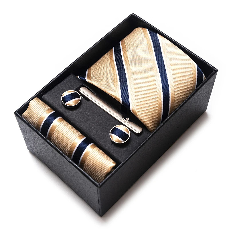 Tie Handkerchief Cufflink Set For Men Necktie Holiday Gift Box Blue Gold Suit Accessories Slim Wedding Gravatas 250806