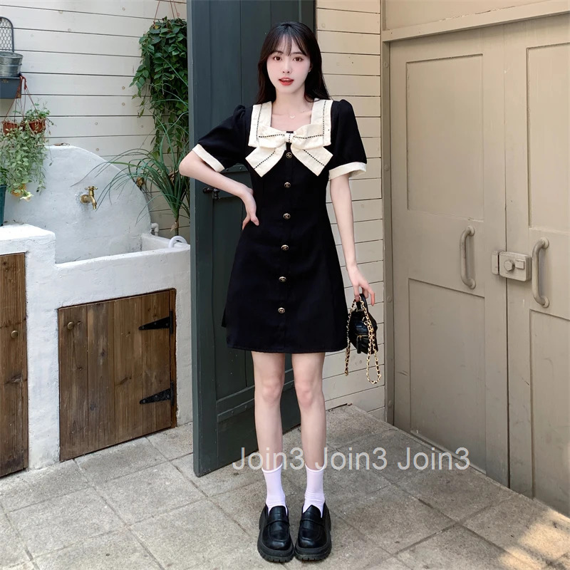 High Waist Dress Women Summer Bow Sweet Square Collar Short Sleeve Princess Girlish Elegant Office Lady Korean Style Preppy Chic