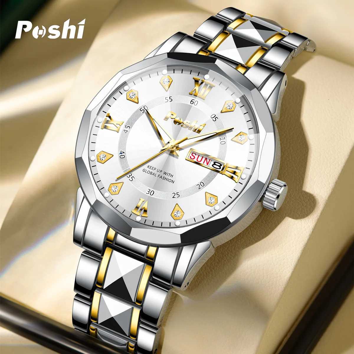 POSHI Mens Date Week Fashion Men Original Waterproof Non-mechanical Luminous Dual Calendar Quartz Wrist W250806