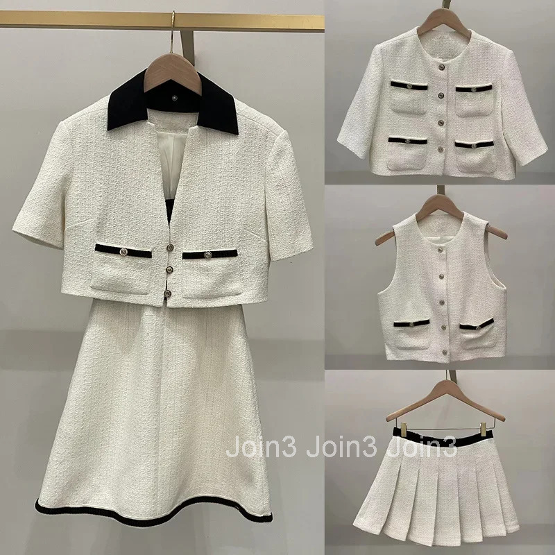 Tweed Womens Fake Two Piece A-Line Dress+ Single Braested Cardigan + Pleated Mini Skirt Ladies Autumn New