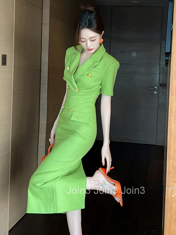Elegant Office Lady Classic Business Formal Pencil Dress Women Clothes Blazer Commute Short Sleeve High Waist Slim Midi Vestidos