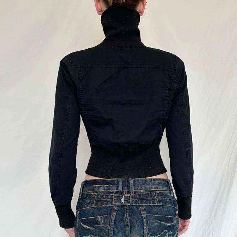 hoodie Streetwear Black Zip Up Jacket Autumn Winter Turtleneck Full Sleeve Cropped Jackets for Women y2k Vintage Ladies Outwear jacket2141