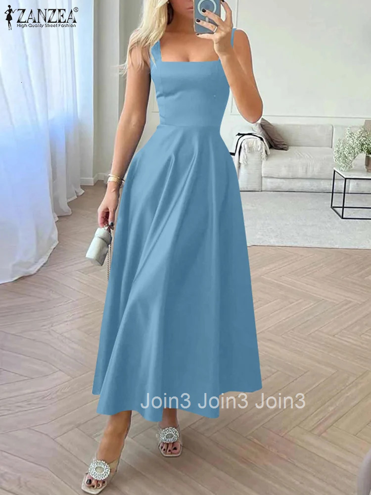 Women Satin Silk Summer Robe Fashion Elegant Party Dress Square Neck Maxi Dress Solid Color Sexy Waisted Umbrella Vestido