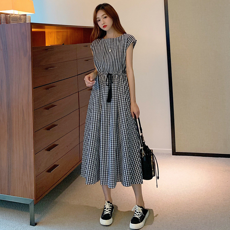 L3188 Literary Retro Dress Women's Summer Temperament Gentle Waist Loose Large Size Cotton and Linen Big Swing Skirt
