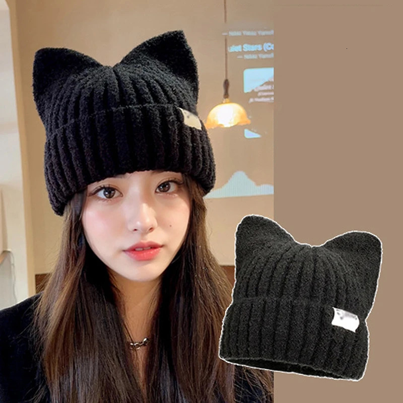 Cute Cat Ears Beanies For Women Autumn And Winter Warm Ear Protection Sweet Versatile Pullover Knitted Hats 250806