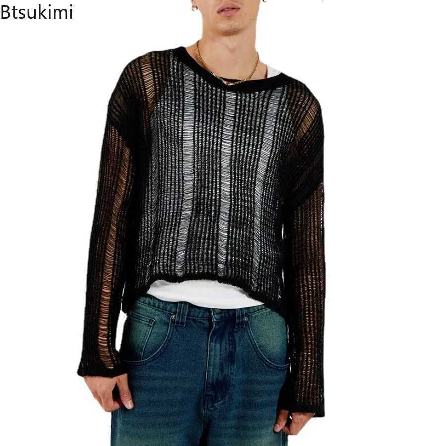 Mens Spring Autumn Sweater Woven Solid Color Mesh Sweater Knit Loose T-Shirt Long Sleeve Sexy T-shirt Fashionable Versatile Top W250806 - view 5