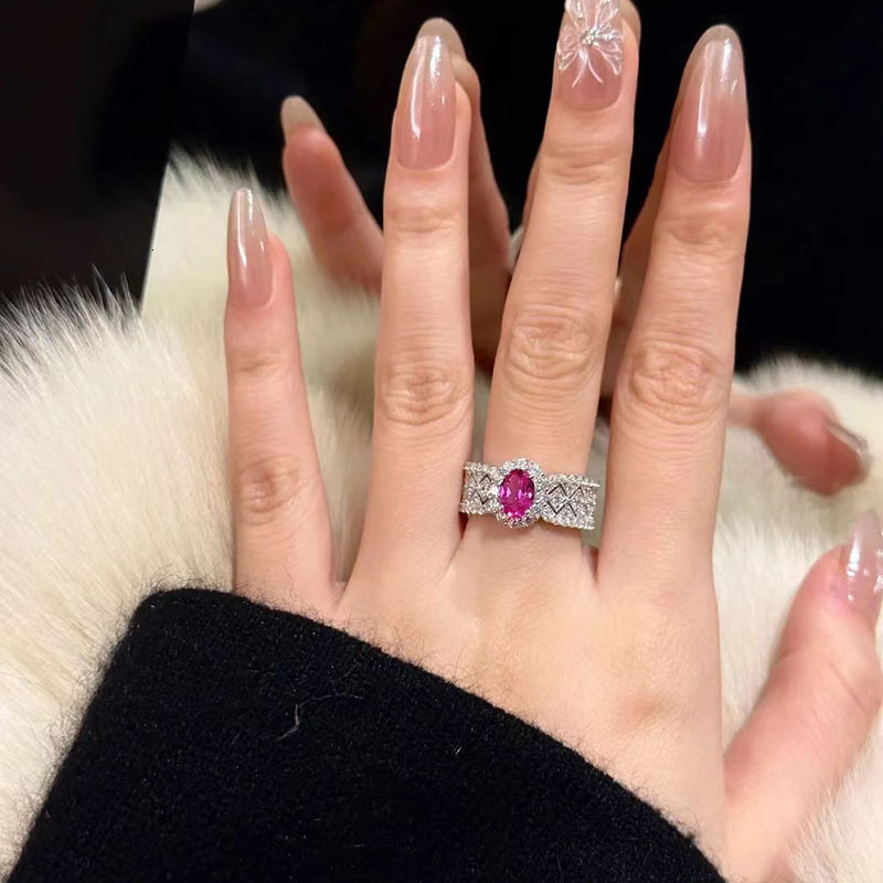 Hui Zhi Wing Jewelry New S Pure Silver 6*8 Pink Oval High-end Lace Fashion Ring for Women