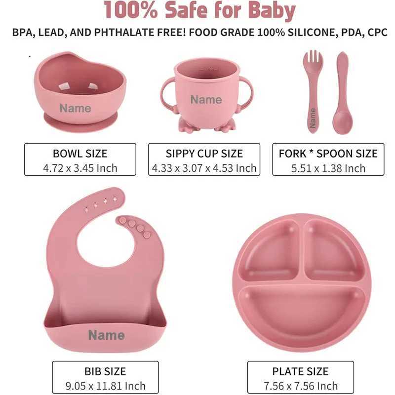 Personalized Name Baby Feeding Sets Silicone Suction Cup Plate Dish Spoon Fork Bib Childrens Tableware Feeding Bowls 6pcs/set X250806