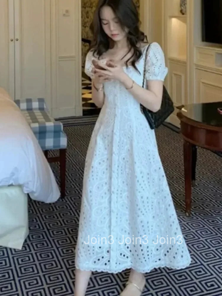 Elegant Square Collar Puff Sleeve White Midi Dress Summer Hollow Out For Women French Kawaii Vestidos Korean Chic Dresses Mujer
