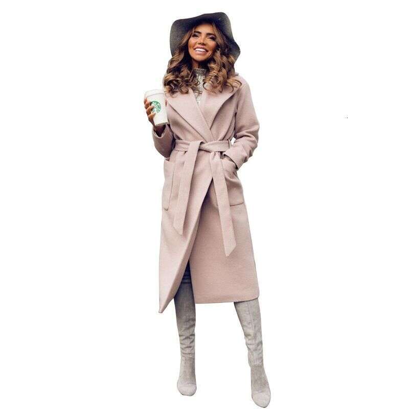 Women's Fashion New Lapel Long-Sleeved Lace-Up Solid Color Woolen Long Coat For Women