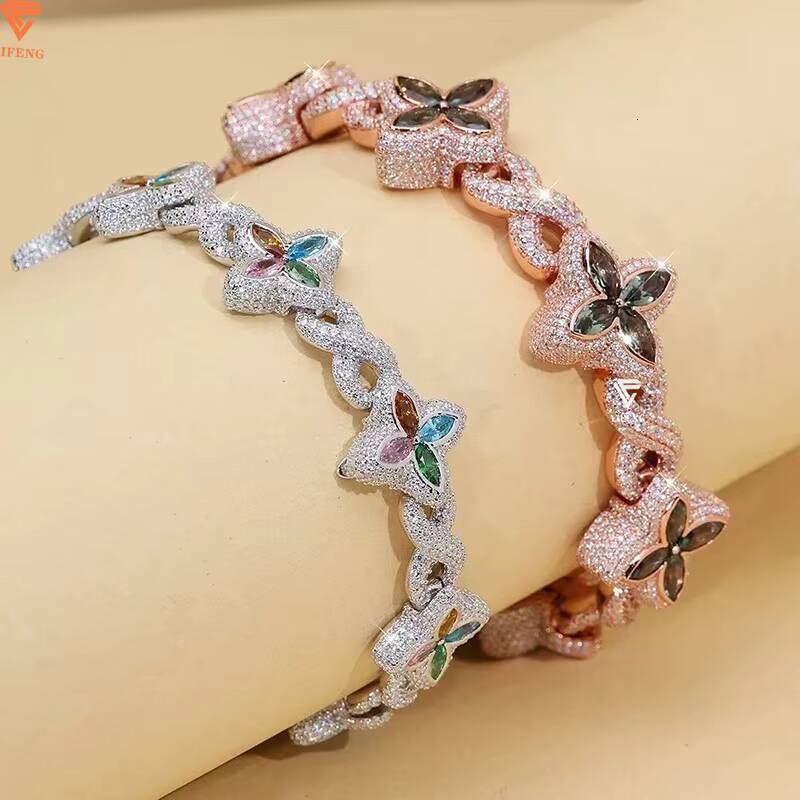 925 Silver Cuban Link Bracelet with Multiple Flower-Shaped Bracelet Moissanite Marquise Cut Colorful 925 Silver Chain Jewelry