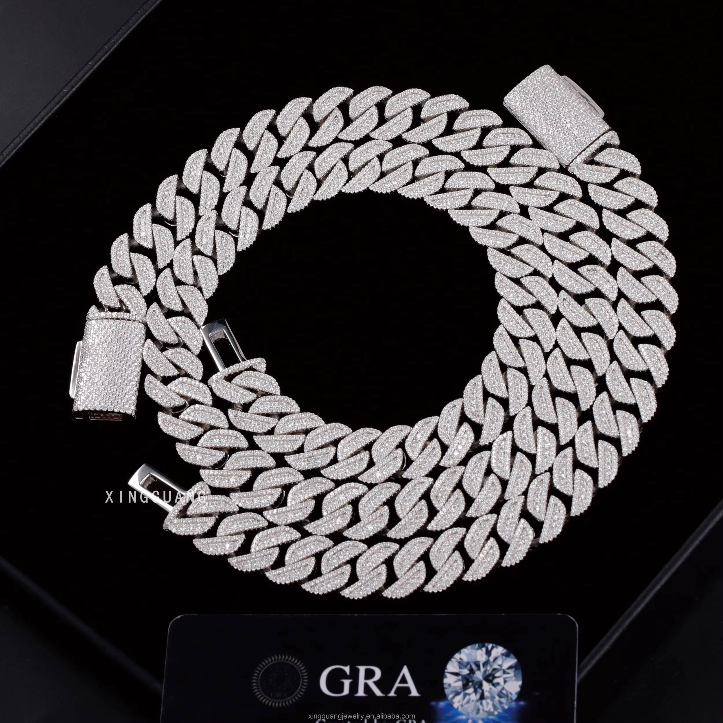 Heavy Hip Hop Necklace 14MM 3Rows Rhombus Chain S925 Silver Cuban Link White Gold Plated Moissanite Diamond Cuban Link Chain