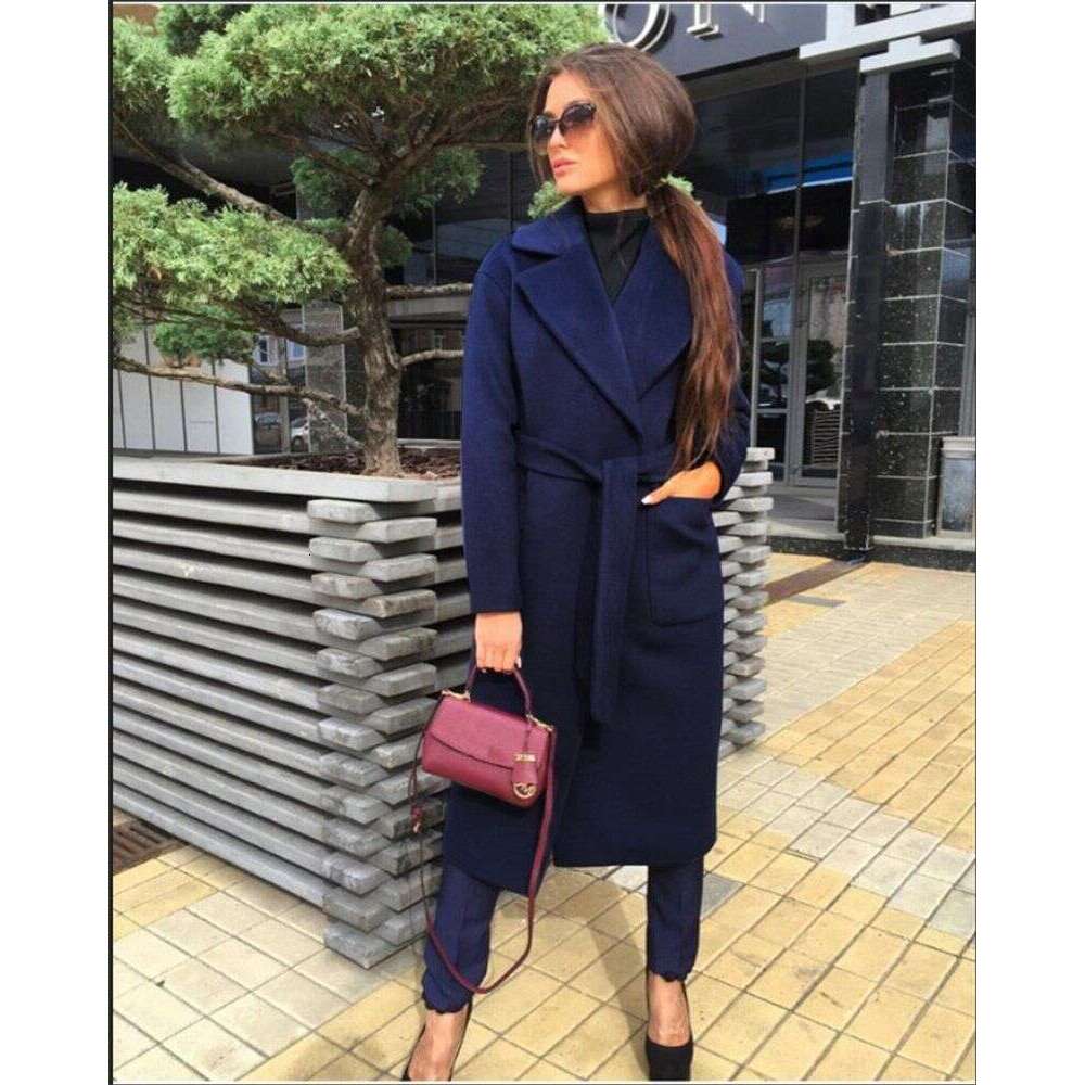 Women's Fashion New Lapel Long-Sleeved Lace-Up Solid Color Woolen Long Coat For Women