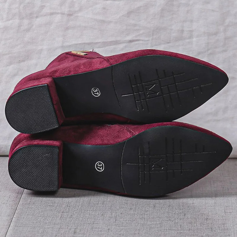 Burgundy Faux Suede Ankle Boots Women Spring Autumn 2025 Classic Metal Decoration Boots Woman Zipper Pointed Toe Botas Mujer 250805