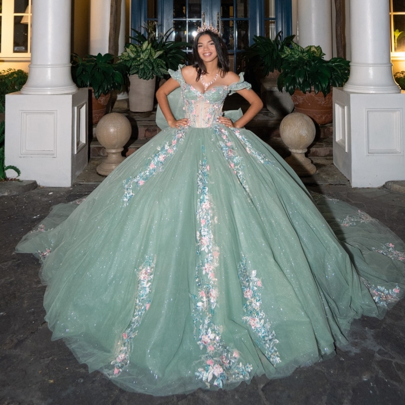 Light Green Quinceanera Dresses Off The Shoulder Applique Lace Beading Bow Tull Ball Gown Vestidos De 15 Anos Sweet 16 Dress