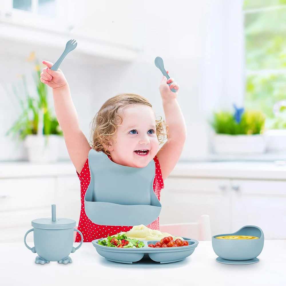 Childrens Dishes Set Baby Silicone Tableware 6PCS Set Sucker Bowl Bib Cup Fork Spoon Set Maternal and Infant Supplies BPA Free X250806