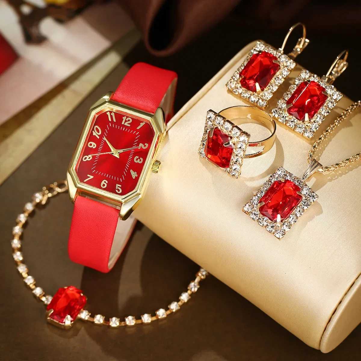 5/4/1PC Square Womens Set Leather Strap Ladies Quartz Wrist Ring Necklace Earrings Bracelet Jewelry Set Gift (No Box) W250806