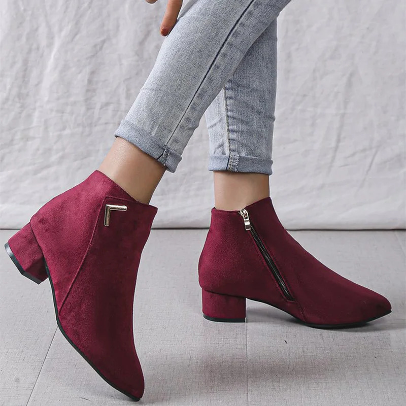 Burgundy Faux Suede Ankle Boots Women Spring Autumn 2025 Classic Metal Decoration Boots Woman Zipper Pointed Toe Botas Mujer 250805