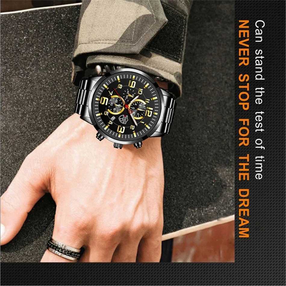 Mens es Luxury Stainless Steel Quartz Men Leather Calendar Sports Wrist Luminous Clock mens watch W250806