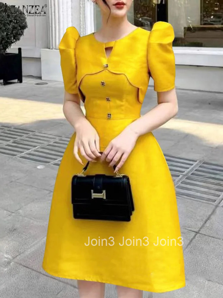 Elegant Party Dress Women Retro Hollow Out Patchwork Knee-Length Sundress Casual OL Work Robe A-Line Summer Vestido